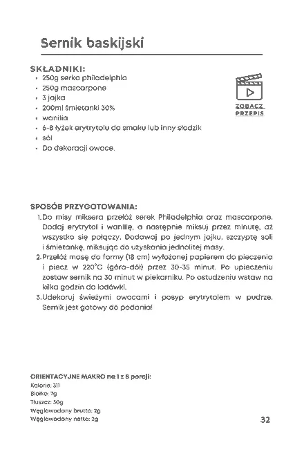 Strona z przepisem na sernik baskijski, ze składnikami, makro i linkiem do filmu