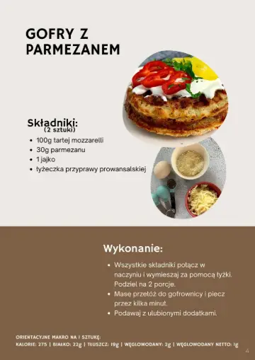 Strona z przepisem na gofry z parmezanem, ze składnikami, opisem oraz makro na sztukę