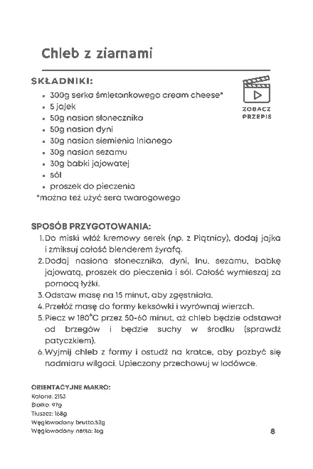 Strona z przepisem na chleb z ziarnami, ze składnikami, makro i linkiem do filmu