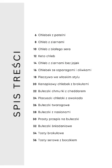 Spis treści e-booka z listą 16 przepisów na pieczywo